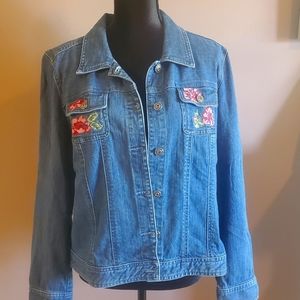 Christopher & Banks Stretch Denim Button Jean Jacket with Embroidered Flowers